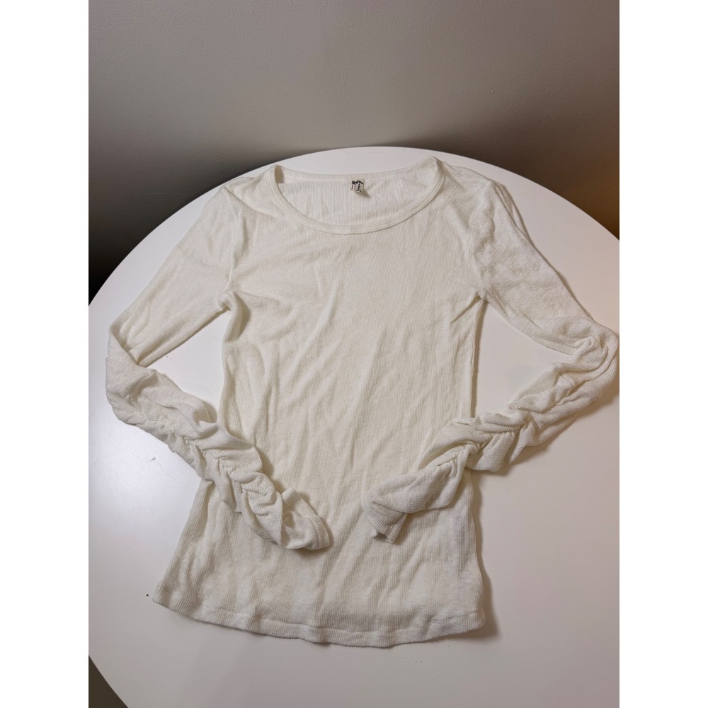 Free People Long Sleeve Top Womens Medium Cream Excellent Ruched Ribbed Knit